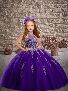 Custom Made Sweep Train Ball Gowns Winning Pageant Gowns Purple Halter Top Tulle Sleeveless Lace Up