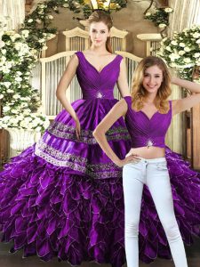Pretty Purple Backless V-neck Beading and Embroidery and Ruffles Quince Ball Gowns Organza Sleeveless