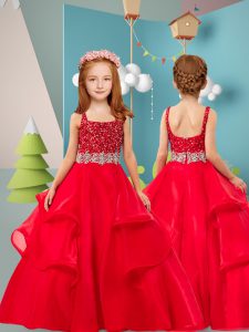 Adorable Red Kids Pageant Dress Wedding Party with Beading and Ruffles Square Sleeveless Zipper