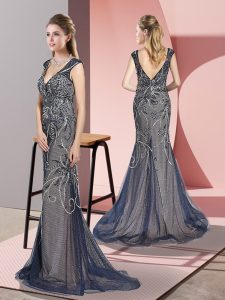 Sexy Navy Blue Prom Evening Gown Prom and Party with Beading V-neck Sleeveless Sweep Train Zipper