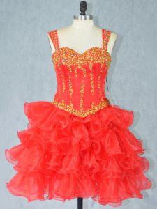 Mini Length Lace Up Womens Party Dresses Red for Prom and Party with Beading and Ruffled Layers