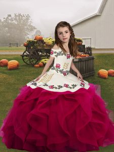 Graceful Fuchsia Straps Neckline Embroidery and Ruffles Girls Pageant Dresses Sleeveless Lace Up