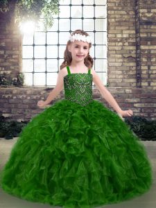 Organza Straps Sleeveless Lace Up Beading Little Girl Pageant Dress in Green