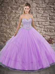 Lilac Ball Gowns Beading and Ruffles Sweet 16 Quinceanera Dress Lace Up Tulle Sleeveless