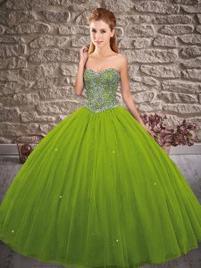 Tulle Sweetheart Sleeveless Lace Up Beading Quinceanera Dress in Olive Green