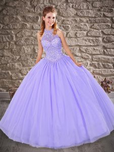 Edgy Floor Length Lavender Quinceanera Dresses Halter Top Sleeveless Lace Up