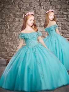 Luxurious Off The Shoulder Short Sleeves Tulle Kids Pageant Dress Appliques Brush Train Lace Up