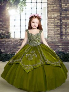 Custom Fit Olive Green Straps Neckline Beading and Embroidery Little Girls Pageant Dress Sleeveless Lace Up