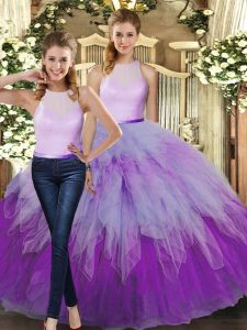 Multi-color Ball Gown Prom Dress Military Ball and Sweet 16 and Quinceanera with Ruffles High-neck Sleeveless Backless