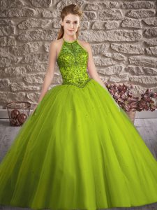 Fantastic Beading 15th Birthday Dress Olive Green Lace Up Sleeveless Brush Train