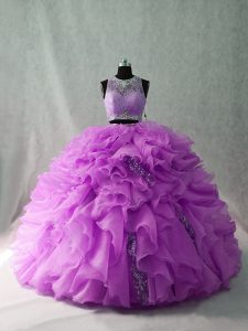 Modest Scoop Sleeveless Organza and Sequined Sweet 16 Quinceanera Dress Beading and Ruffles Brush Train Zipper