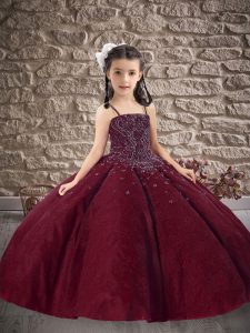 Burgundy Spaghetti Straps Neckline Beading and Embroidery Little Girl Pageant Gowns Sleeveless Lace Up
