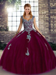 Fuchsia Ball Gowns Beading and Appliques Sweet 16 Dress Lace Up Tulle Sleeveless Floor Length