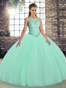 Sleeveless Tulle Floor Length Lace Up Quinceanera Gowns in Apple Green with Embroidery