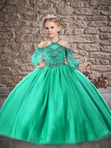 Trendy 3 4 Length Sleeve Zipper Floor Length Beading and Lace Little Girls Pageant Gowns