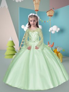 Tulle Scoop Long Sleeves Zipper Beading Child Pageant Dress in Apple Green