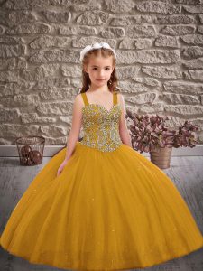 Custom Fit Gold Straps Lace Up Beading Pageant Dress for Girls Sleeveless