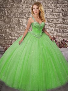 Great Ball Gowns Tulle Straps Sleeveless Beading Floor Length Lace Up Quince Ball Gowns
