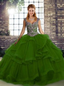 Most Popular Beading and Ruffles Quince Ball Gowns Green Lace Up Sleeveless Floor Length