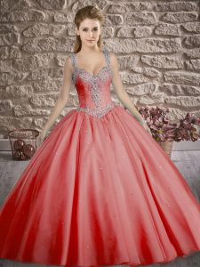 Great Zipper Quinceanera Dresses Coral Red for Military Ball and Sweet 16 and Quinceanera with Beading Brush Train
