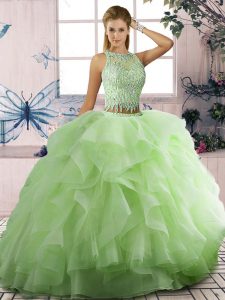 Floor Length Lace Up Quinceanera Gowns Yellow Green for Sweet 16 and Quinceanera with Beading and Ruffles