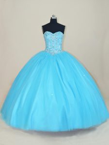 Tulle Sweetheart Sleeveless Lace Up Beading Quinceanera Dress in Aqua Blue