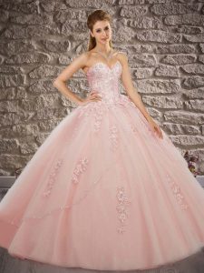 Designer Sleeveless Appliques Lace Up Quinceanera Gowns with Pink Brush Train
