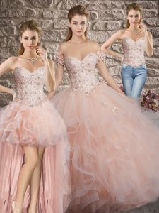 Sweetheart Sleeveless Tulle Quinceanera Gowns Lace and Ruffles Brush Train Lace Up