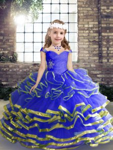 Dazzling Sleeveless Tulle Floor Length Lace Up Child Pageant Dress in Blue with Beading and Ruching