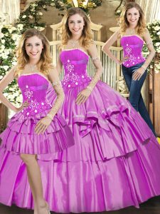 Best Selling Lilac Three Pieces Strapless Sleeveless Taffeta Floor Length Lace Up Beading and Ruffled Layers Vestidos de