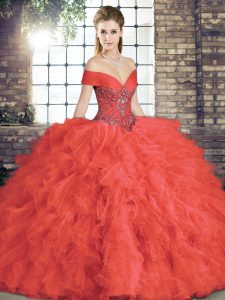 Dynamic Tulle Off The Shoulder Sleeveless Lace Up Beading and Ruffles Quince Ball Gowns in Coral Red