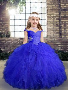 Blue Sleeveless Floor Length Beading and Ruffles Lace Up Pageant Dress for Teens