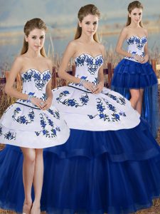 Romantic Royal Blue Tulle Lace Up Quince Ball Gowns Sleeveless Floor Length Embroidery and Bowknot