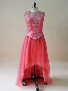 Fancy Sleeveless Beading Prom Evening Gown with Coral Red