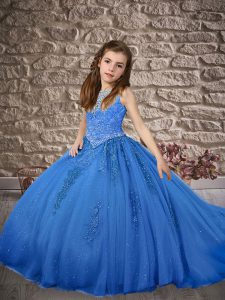Exquisite Scoop Sleeveless Little Girls Pageant Gowns Brush Train Beading and Appliques Blue Tulle