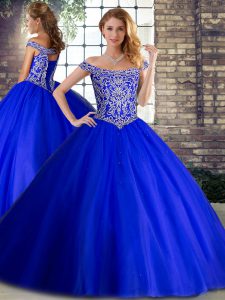 Best Selling Royal Blue Sleeveless Brush Train Beading Quinceanera Gown