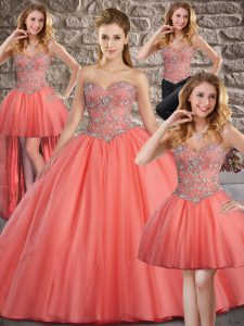 Extravagant Watermelon Red Ball Gowns Tulle Sweetheart Sleeveless Beading Lace Up Quinceanera Gowns Brush Train