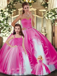 Amazing Hot Pink Sleeveless Floor Length Ruffles Lace Up Ball Gown Prom Dress