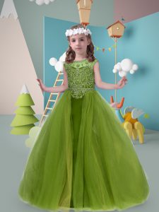 Perfect Scoop Sleeveless Sweep Train Zipper Little Girl Pageant Gowns Olive Green Tulle