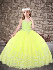 Customized Yellow Green Sleeveless Appliques Lace Up Little Girls Pageant Gowns
