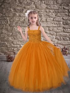 Simple Tulle Straps Sleeveless Sweep Train Lace Up Beading and Appliques Kids Formal Wear in Orange Red