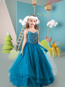 Latest Beading and Ruffled Layers Girls Pageant Dresses Teal Zipper Sleeveless Floor Length