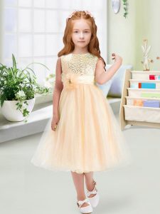 Wonderful Champagne Toddler Flower Girl Dress Wedding Party with Sequins and Hand Made Flower Scoop Sleeveless Zipper