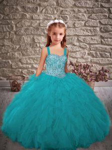 Hot Sale Sleeveless Lace Up Floor Length Beading and Ruffles Little Girl Pageant Dress
