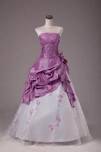 Luxurious White And Purple Lace Up Strapless Embroidery and Pick Ups Quinceanera Gown Organza and Taffeta Sleeveless