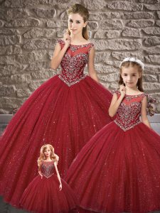 Perfect Wine Red Ball Gowns Off The Shoulder Sleeveless Tulle Floor Length Zipper Beading Sweet 16 Quinceanera Dress