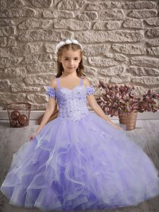 Dazzling Sweep Train Ball Gowns Kids Formal Wear Lavender Straps Tulle Sleeveless Lace Up
