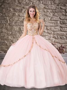 Baby Pink High-neck Backless Beading Ball Gown Prom Dress Sleeveless