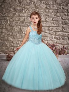 Aqua Blue Ball Gowns Beading Little Girls Pageant Gowns Lace Up Tulle Sleeveless Floor Length