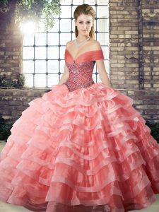 Ball Gowns Sleeveless Watermelon Red Quinceanera Gown Brush Train Lace Up